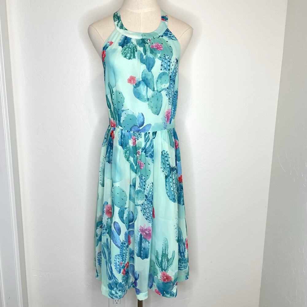ModCloth Cactus Halter Dress Womens Medium Blue Aqua High Neck Open Back